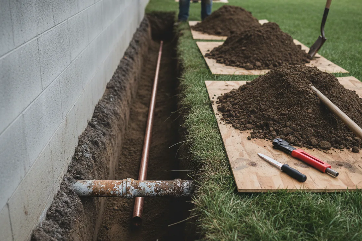 Excavated water line trench during Water Softener Installation in Alma
